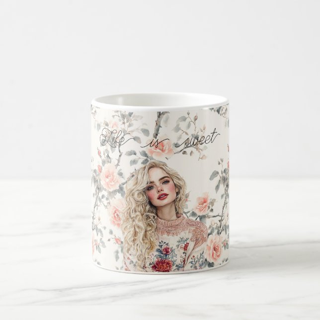 Romantic Blond Hair Girl Peach Roses Floral Kaffeetasse (Mittel)