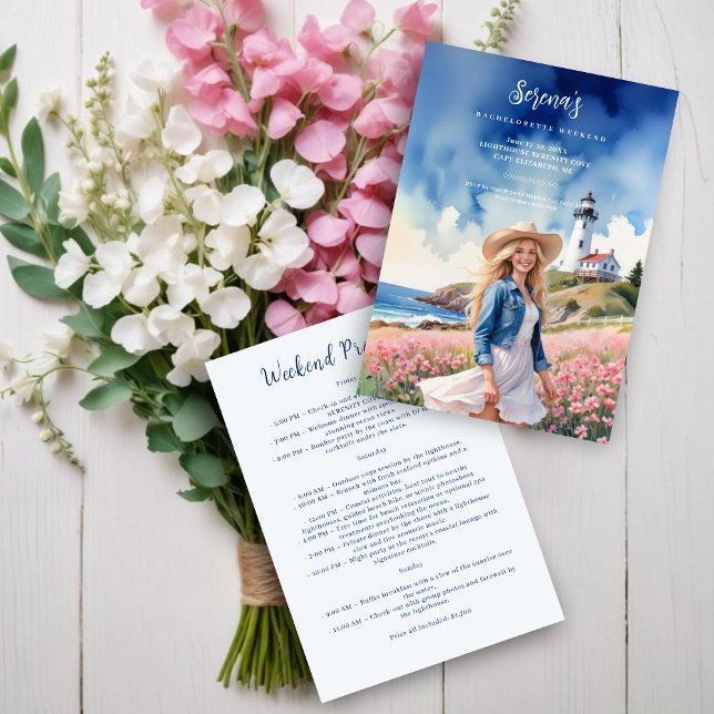 Romantic Blonde Cowgirl Chic Landscape Lighthouse Einladung (Romantic Blonde Cowgirl on Marine Landscape with Lighthouse Bachelorette Weekend Invitation Card.)