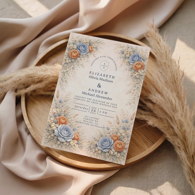 Romantic Blue Floral Wedding Einladung (Von Creator hochgeladen)