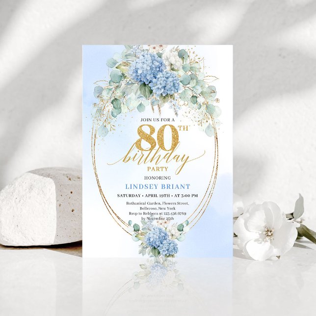 Romantic Blue Garden Floral 80th Birthday Invite Einladung (Romantic Blue Garden Floral 80th Birthday Invite)