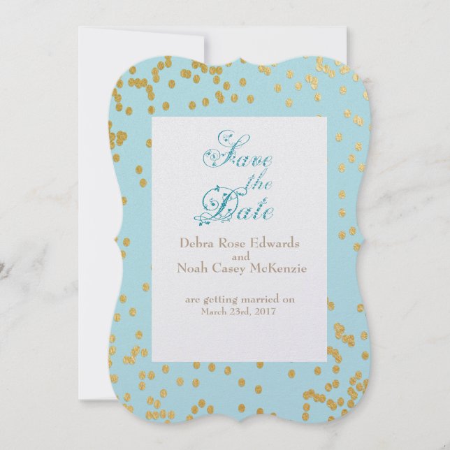 Romantic Blue Gold Confetti Save the Date Einladung (Vorderseite)