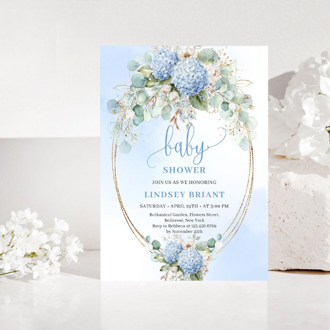 Romantic Blue Hydrangea Baby Shower Gold Invitatio Einladung (Romantic Blue Hydrangea Baby Shower Gold Invitation)