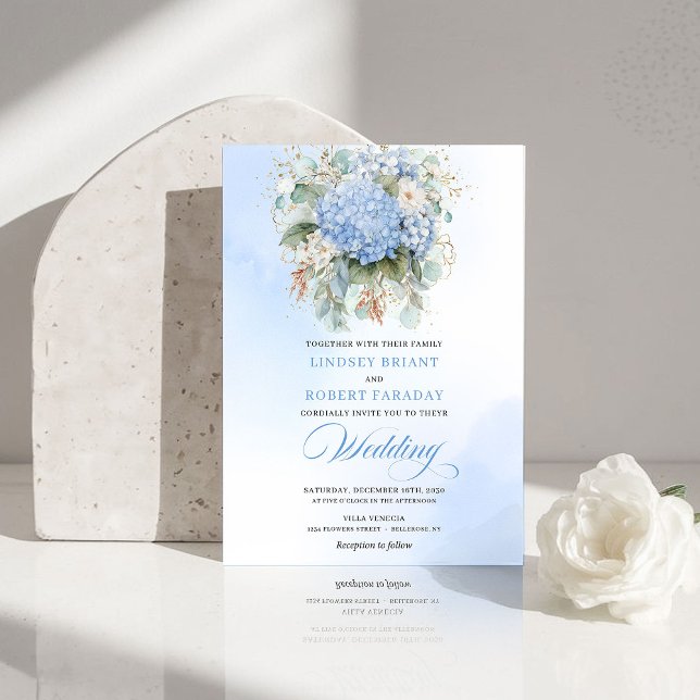 Romantic Blue Hydrangea Eucalyptus Wedding Invite Einladung (Romantic Blue Hydrangea Eucalyptus Wedding Invite)