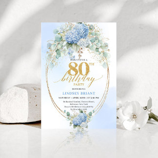Romantic Blue Hydrangea Gold Floral 80th Birthday Einladung