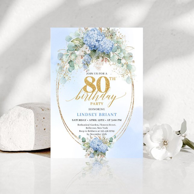 Romantic Blue Hydrangea Gold Floral 80th Birthday Einladung (Romantic Blue Hydrangea Gold Floral 80th Birthday)