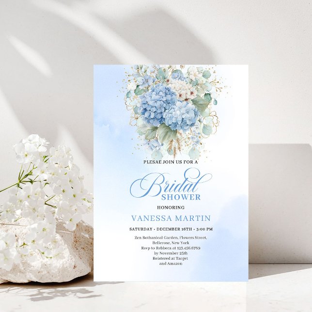 Romantic Blue Hydrangea Gold Floral Bridal Shower Einladung (Romantic Blue Hydrangea Gold Floral Bridal Shower Invitation)