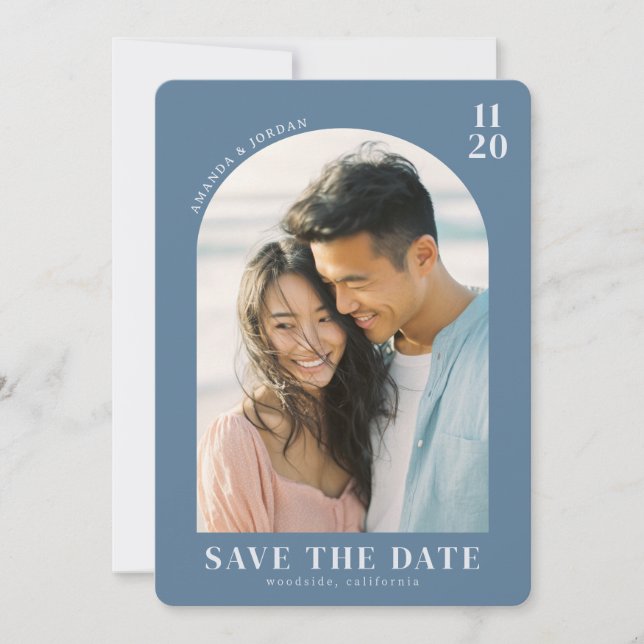 Romantic Blue Minimalist Photo Save The Date (Vorderseite)