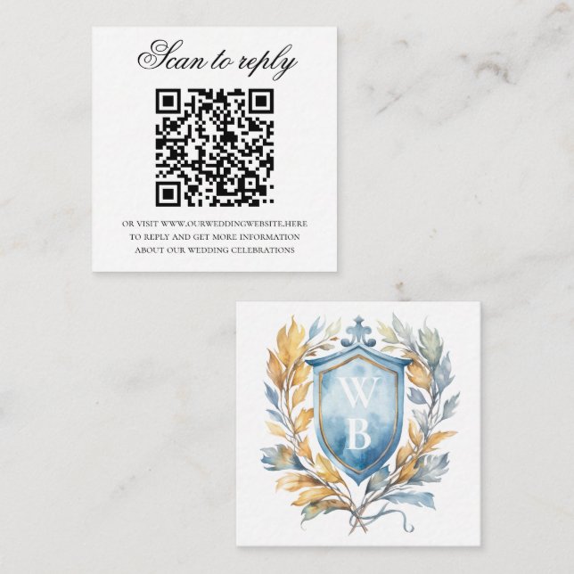 Romantic Blue Monogram Crest Wedding QR Code Begleitkarte (Vorne/Hinten)