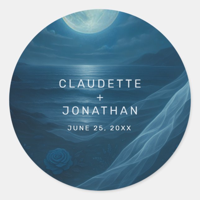 Romantic Blue Moonlit Beach Custom Names Wedding Runder Aufkleber (Vorderseite)