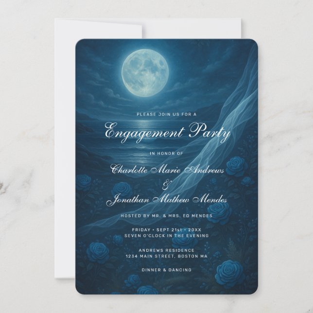 Romantic Blue Moonlit Beach Engagement Party Einladung (Vorderseite)