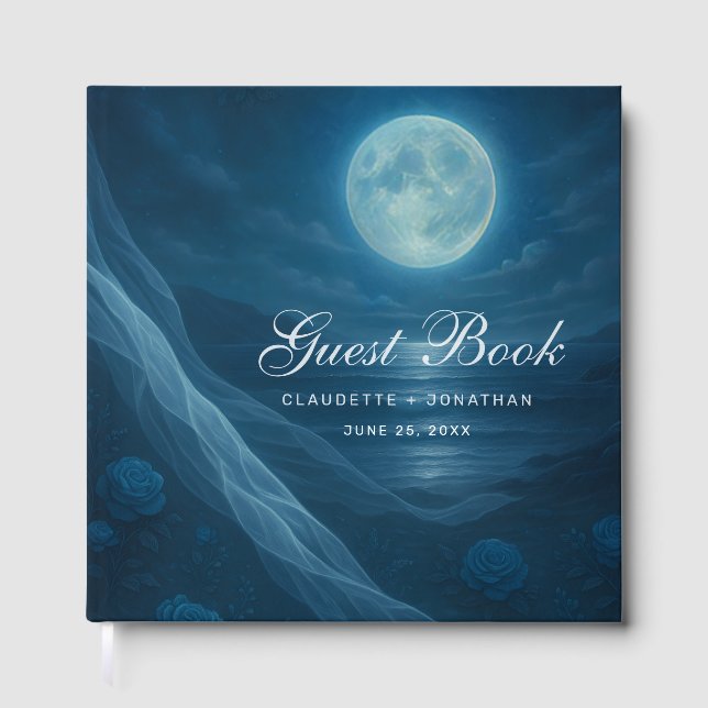 Romantic Blue Moonlit Beach Wedding Gästebuch (Vorderseite)