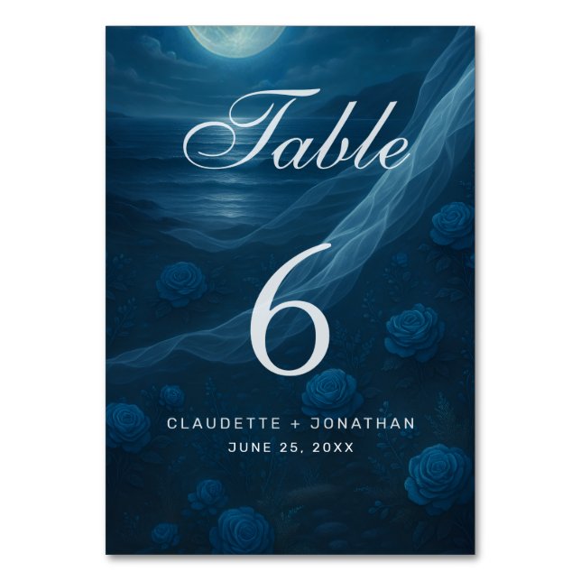 Romantic Blue Moonlit Beach Wedding Tischnummer (Vorderseite)
