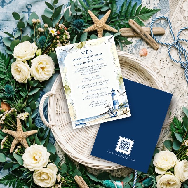 Romantic Blue Nautical Lighthouse Coastal Wedding Einladung (Romantic Blue Nautical Lighthouse & Coastal Wedding Beach Shore Marine Theme Invitation. )
