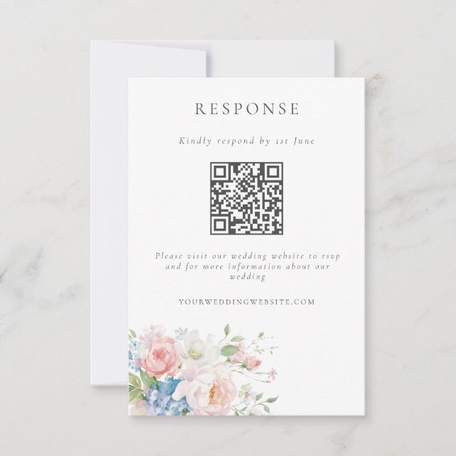 Romantic Blue & Pink Pastel Floral QR Code Wedding RSVP Karte (Vorderseite)