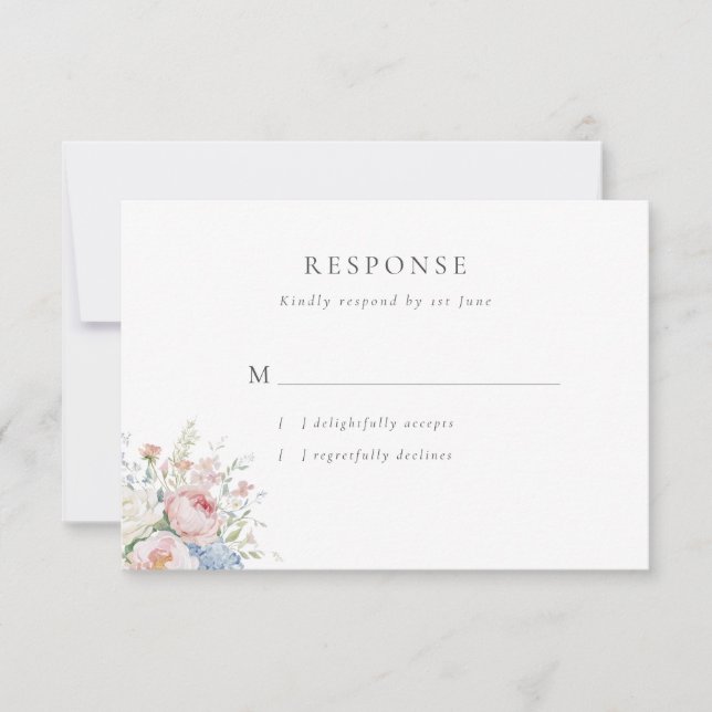 Romantic Blue & Pink Pastel Floral Wedding RSVP Karte (Vorderseite)