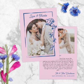 Romantic Blue Pink Rose Illustration Photo Wedding Dankeskarte