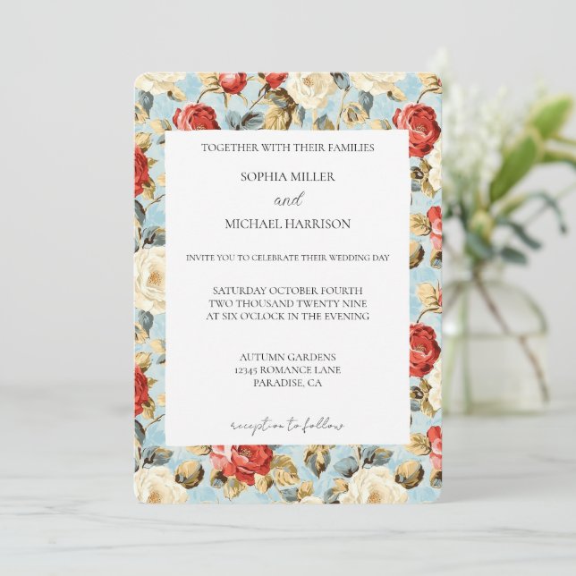 Romantic Blue Red Cream Roses Floral Wedding Einladung (Stehend Vorderseite)