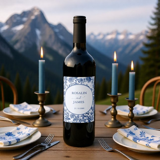Romantic Blue Toile Wedding Weinetikett (Romantic Blue Toile Wedding Wine Label)