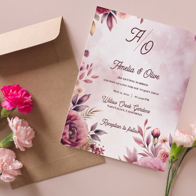 Romantic Blush Ethereal Mauve Wedding Invitation Einladungspostkarte (Ethereal Mauve Fine Art Floral Wedding Invitation  | Romantic Blush Watercolor Wedding Invitation)