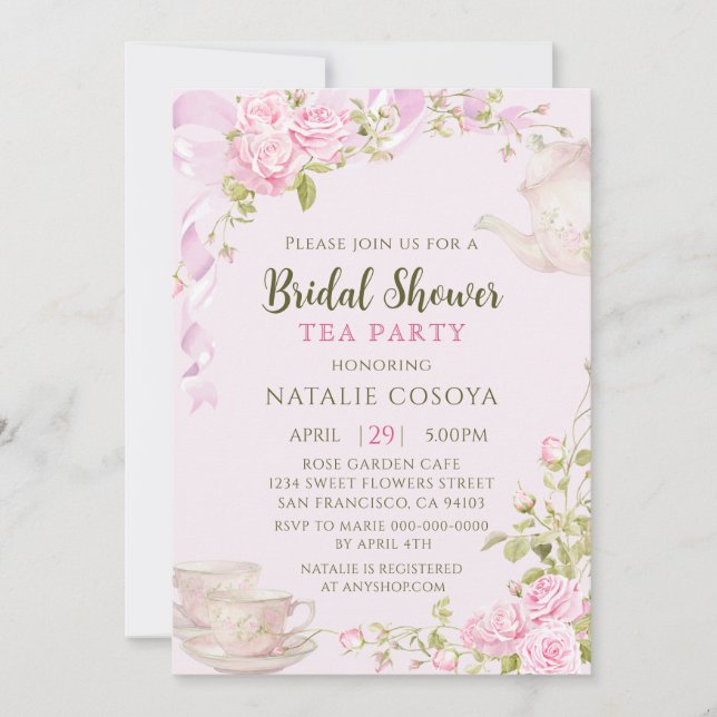 Romantic Blush Floral Bridal Shower Tea Party Einladung (Vorderseite)