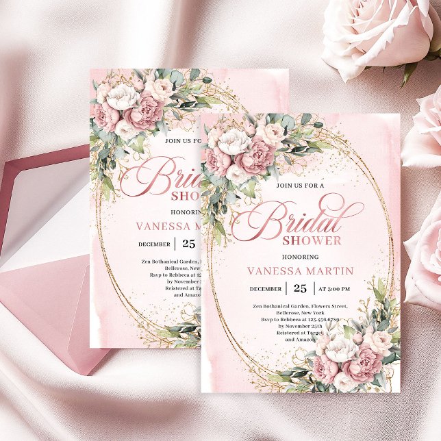 Romantic Blush Floral Greenery Gold Shower Einladung (Romantic Blush Floral Greenery Gold Shower)