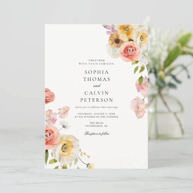 Romantic Blush Garden Wedding Invitation Einladung (Stehend Vorderseite)