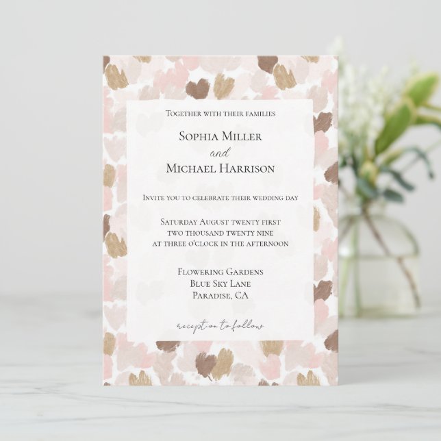 Romantic Blush Pink Brown Cream Hearts Wedding Einladung (Stehend Vorderseite)