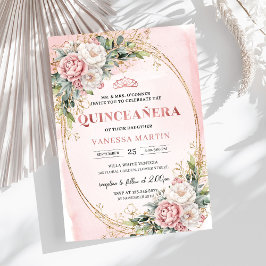 Romantic Blush Pink Floral Greenery Quinceañera Einladung