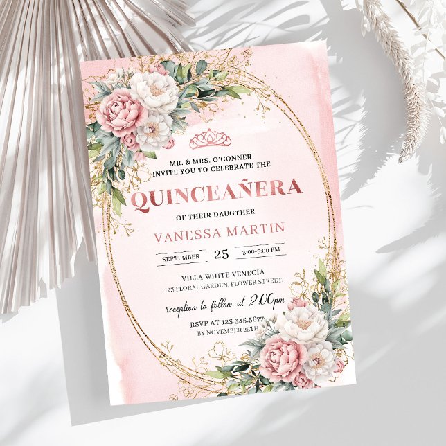 Romantic Blush Pink Floral Greenery Quinceañera Einladung (Romantic Blush Pink Floral Greenery Quinceañera)