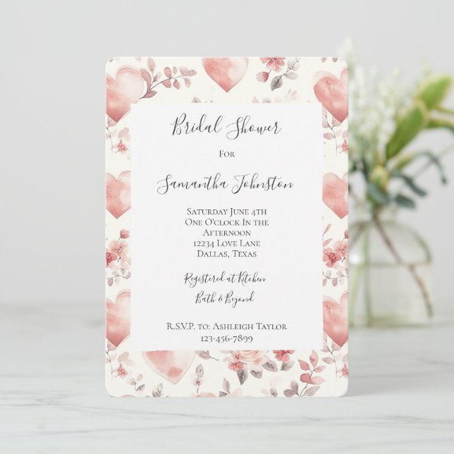 Romantic Blush Pink Hearts Floral Bridal Shower Einladung (Stehend Vorderseite)