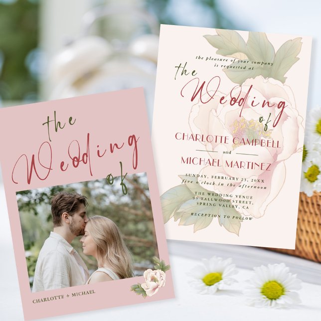 Romantic Blush Pink Peony Floral Photo Wedding Einladung (Von Creator hochgeladen)