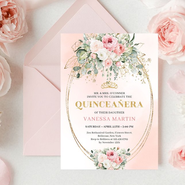 Romantic Blush Roses Bohemian Quinceañera Invite Einladung (Romantic Blush Roses Bohemian Quinceañera Invitation)