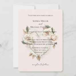 Romantic Blush Roses Feathers Floral Heart Wedding Einladung