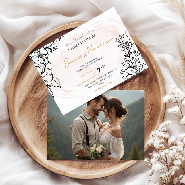 Romantic Blush with Black Florals and Photo Back Einladung (Romantic Blush with Black Florals and Photo Back Invitation)