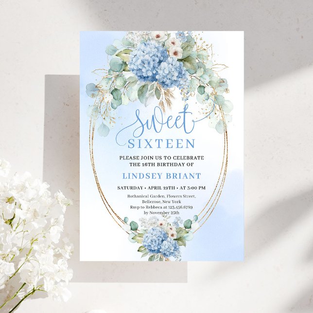 Romantic Bohemian Blue Floral Sweet 16 Invitation Einladung (Romantic Bohemian Blue Floral Sweet 16 Invitation)