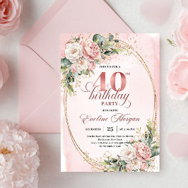 Romantic Bohemian Blush Floral Gold 40th Birthday Einladung