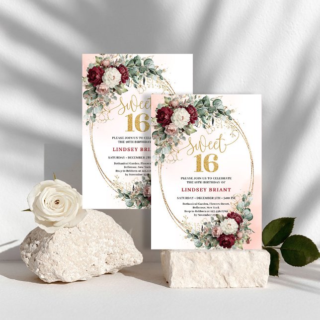 Romantic Bohemian Burgundy Floral Sweet 16 Invites Einladung (Romantic Bohemian Burgundy Floral Sweet 16 Invitation)