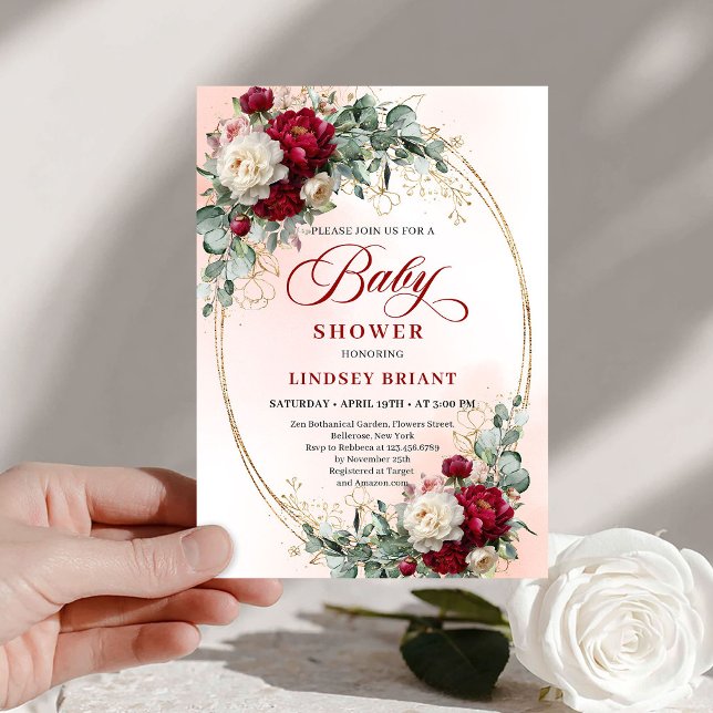 Romantic Bohemian Deep Red Floral Baby Shower Einladung (Romantic Bohemian Deep Red Floral Baby Shower)