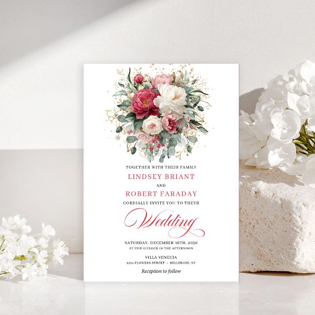 Romantic Bohemian Ruby Red White Greenery Invite Einladung (Romantic Bohemian Ruby Red White Greenery Invitation)