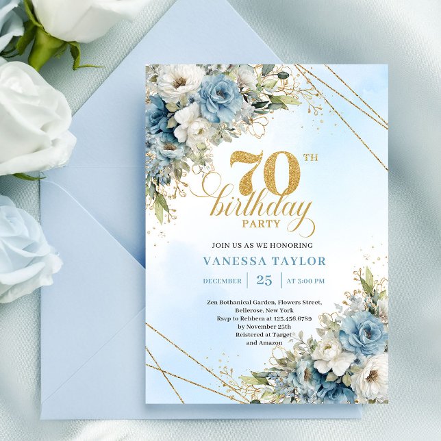 Romantic boho blue florals gold frame 70th birthda einladung (Romantic boho blue florals gold frame 70th birthday

)