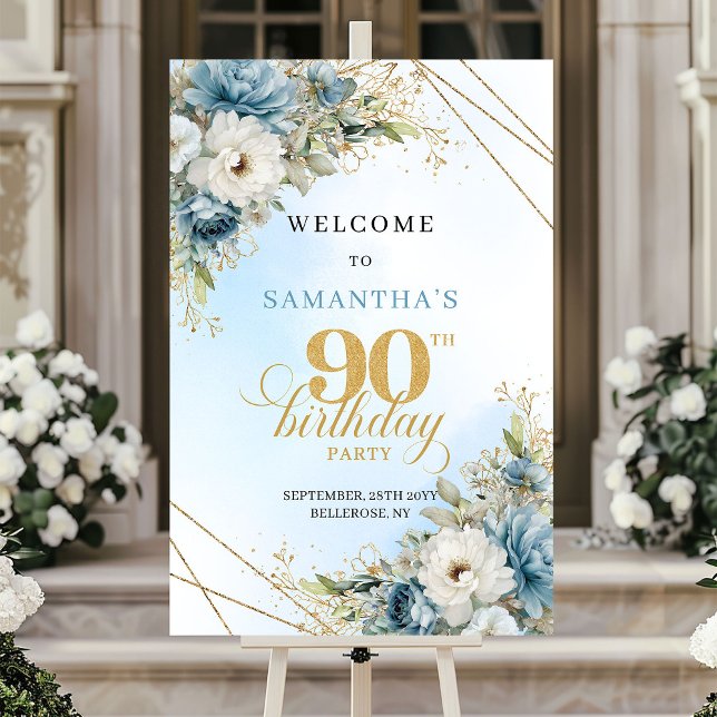 Romantic boho blue florals gold frame 90 birthday poster (Romantic boho blue florals gold frame 90th birthday

)