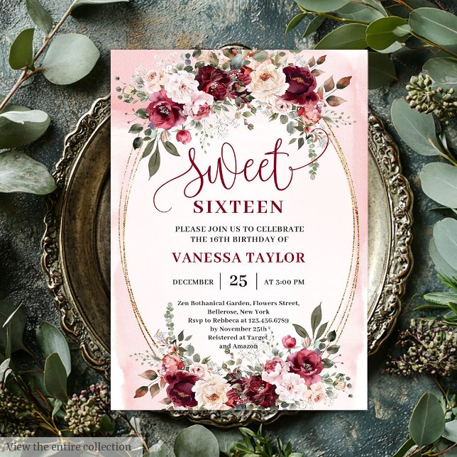 Romantic Boho Burgundy Blush Floral Sweet Sixteen Einladung (Romantic Burgundy Blush Floral Sweet Sixteen Invite

)