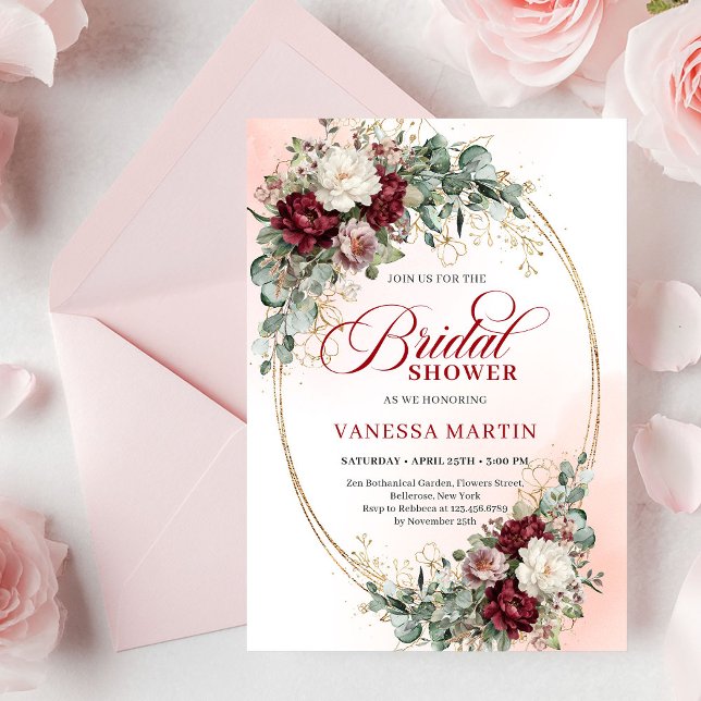 Romantic Boho Burgundy Greenery Gold Bridal Shower Einladung (Romantic Burgundy Greenery Gold Bridal Shower Invite)