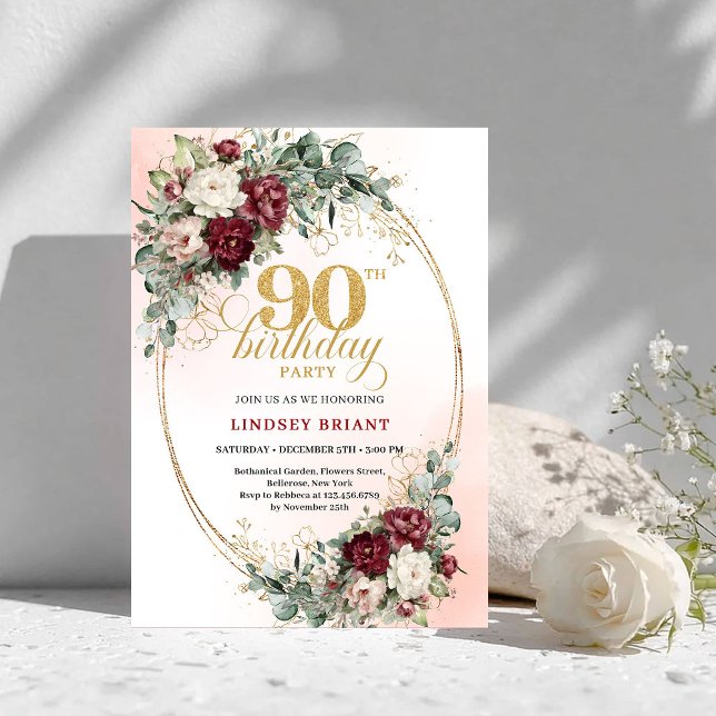 Romantic Boho Deep Red Flowers Gold 90th Birthday Einladung (Romantic Deep Red Flowers Gold 90th Birthday Invite)