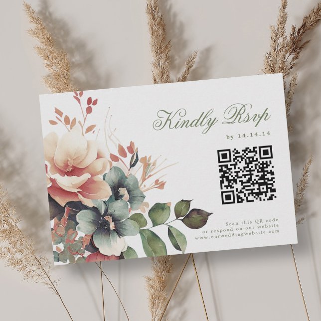 Romantic Boho Fall Herbst Herbst Blumenhochzeit RS RSVP Karte (Romantic Boho Fall Autumn Floral Wedding RSVP QR)