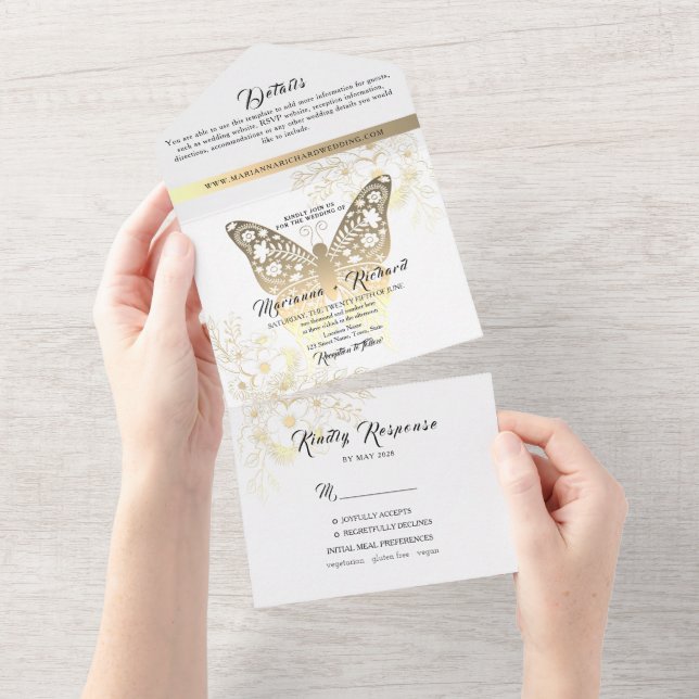 Romantic Boho Gold Wedding All In One Einladung (Abreißen)