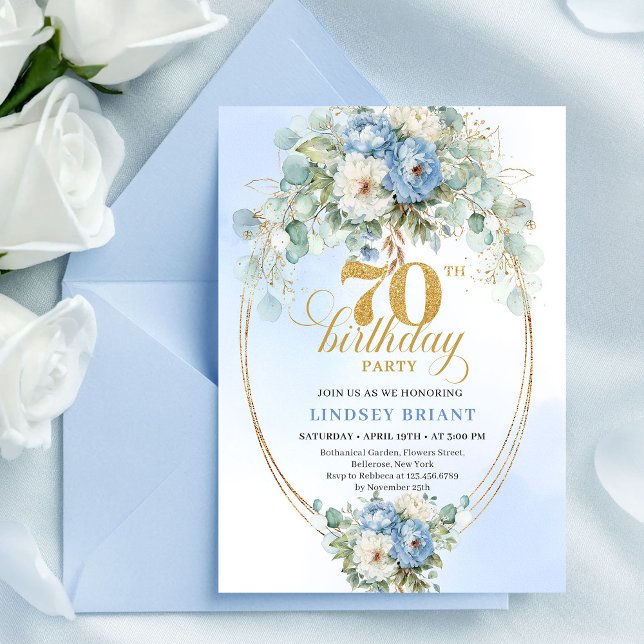 Romantic Boho Light Blue Flowers 70th Birthday  Einladung (Romantic Boho Light Blue Flowers 70th Birthday Invite

)