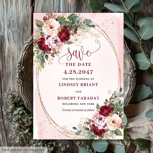 Romantic Boho Maroon Blush Gold Flowers Save Date Einladung (Romantic Boho Maroon Blush Gold Flowers Save Date)
