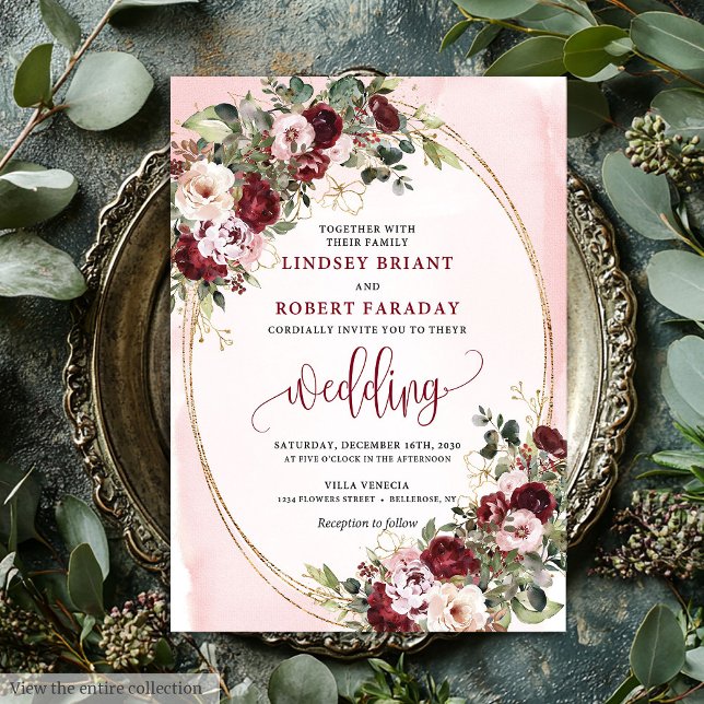 Romantic Boho Marsala Blush Gold Roses Wedding  Einladung (Romantic Boho Marsala Blush Gold Roses Wedding Invite

)