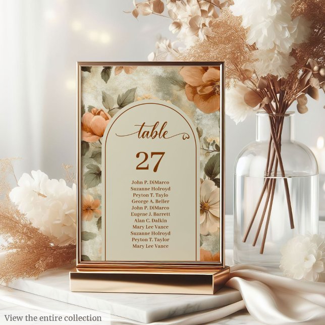 Romantic Boho Rust Ivory Olive Floral Table Number Tischnummer (Elegant Boho Terracotta Ivory Sage Floral Table Number)
